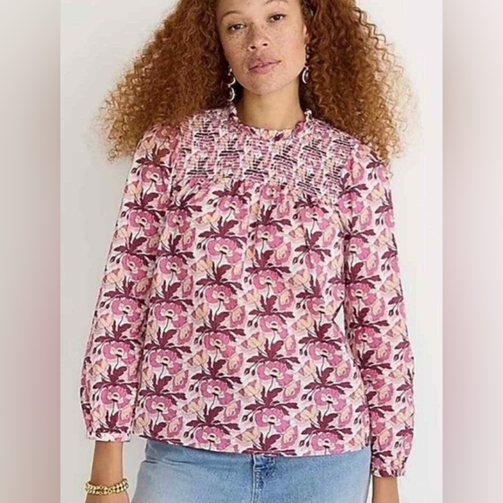 J.CREW SMOCKED BUTTON-BACK TOP IN LIBERTY® BUTTERFIELD POPPY, SIZE M, NWT.